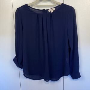 Meraki Navy Top Shirt Size Small Long Sleeve, Pleated Front, Buttoned Back